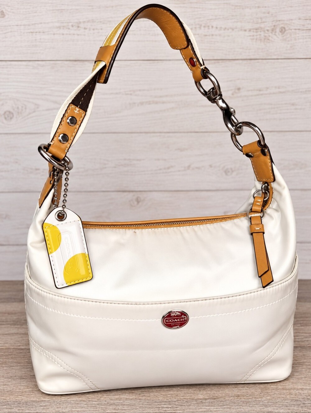 Coach Cream Shoulder Hobo with Tan Leather Trim and Yellow Tag